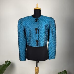 Vintage 80s Quilted Silk Cropped Jacket, Teal Blue | USA Made